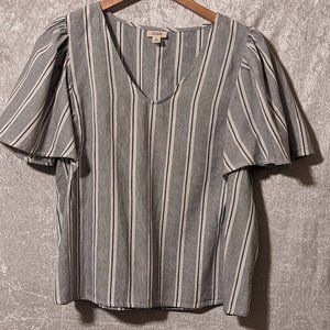 ANA Poplin V-neck Striped Blouse with Puffed Sleeves NWOT